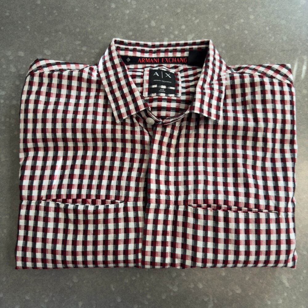 Armani Exchange Red and White Plaid Button-Down Shirt